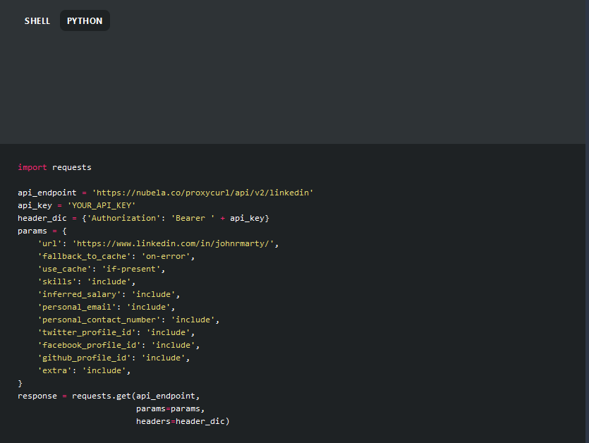 The Shell-Python toggle in the Proxycurl docs