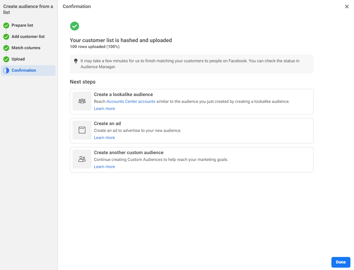 Finalizing importing your new Facebook custom audience