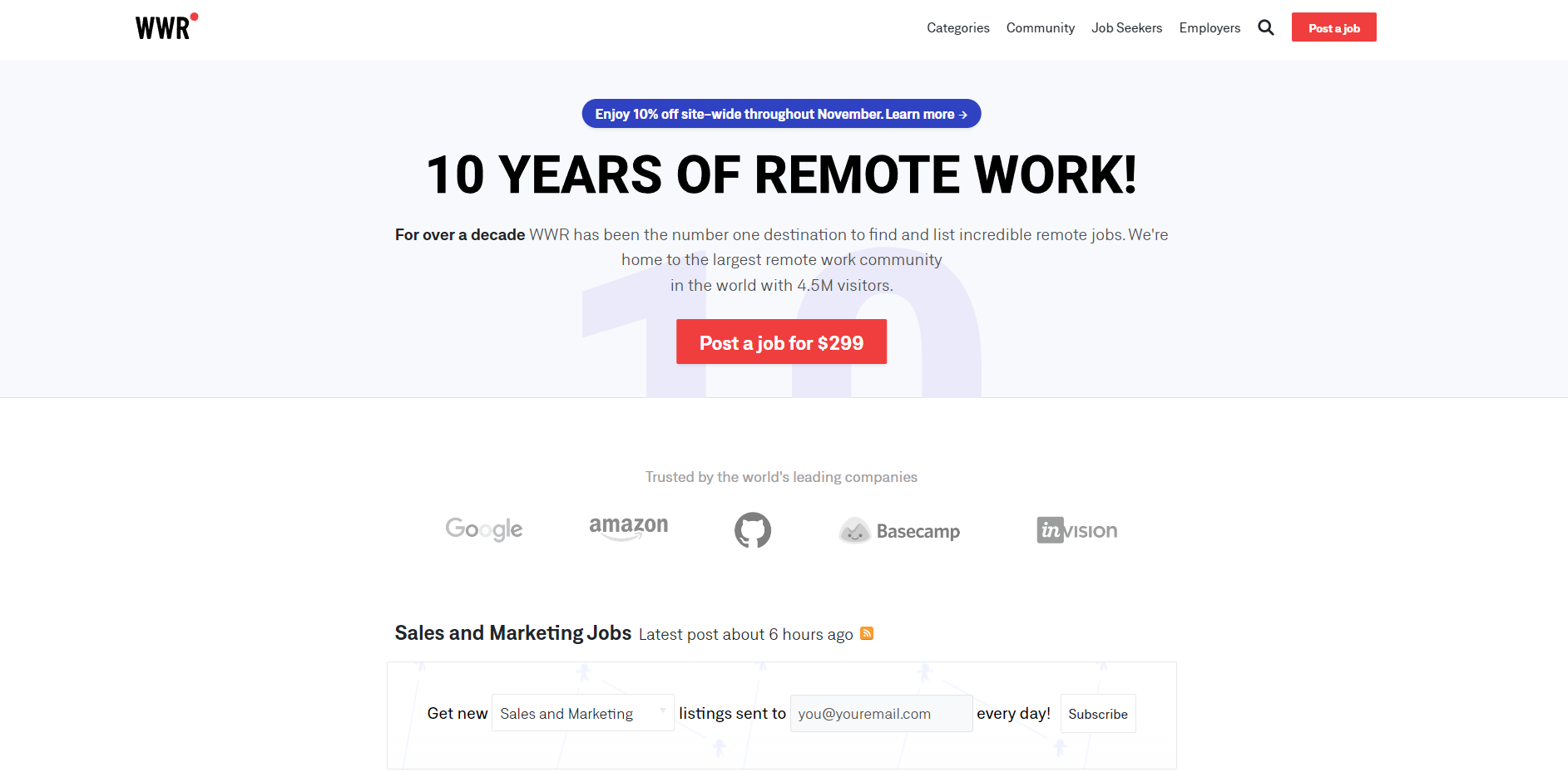 We Work Remotely's homepage