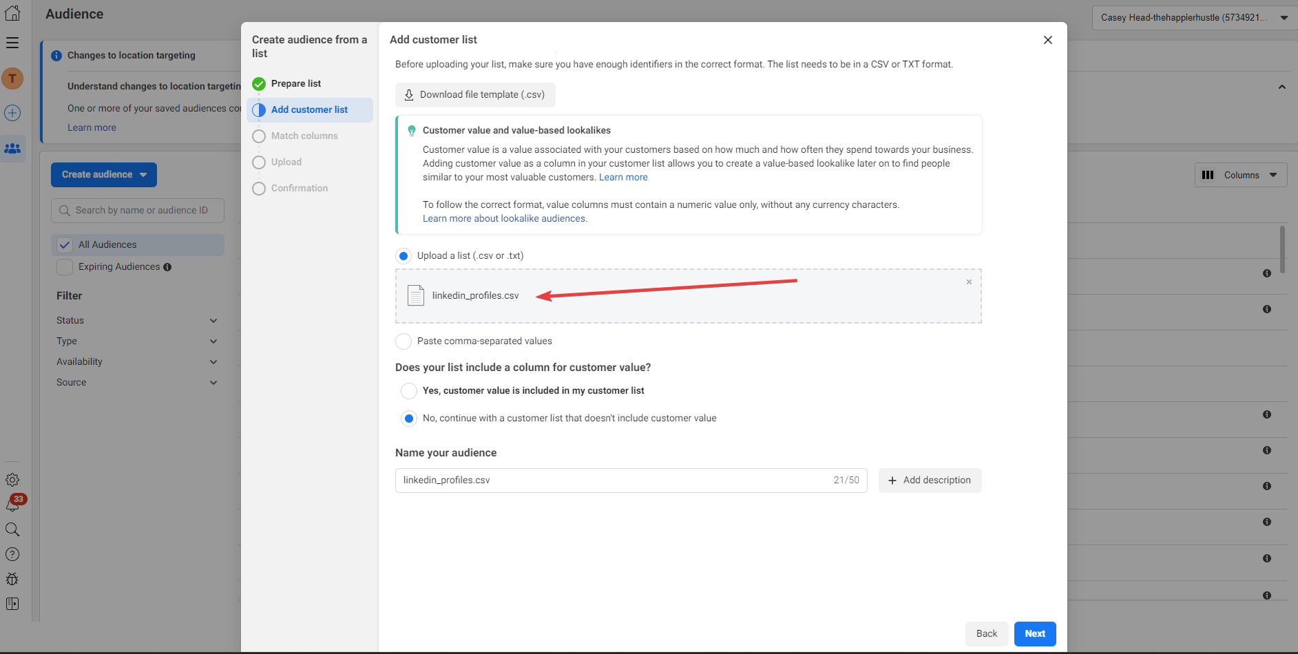 Selecting and uploading your generated .CSV