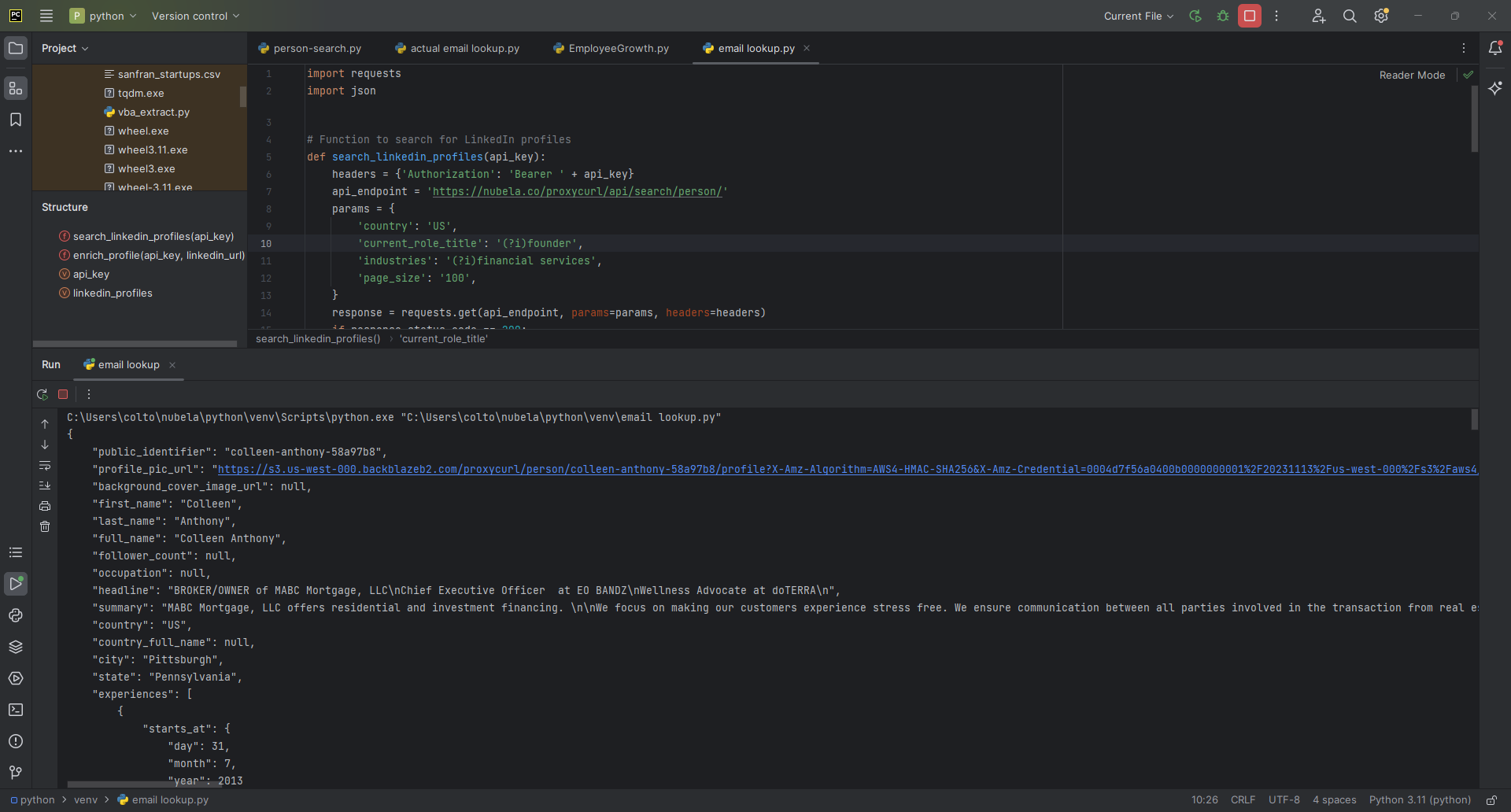 Result returned by Proxycurl's API, PyCharm interface