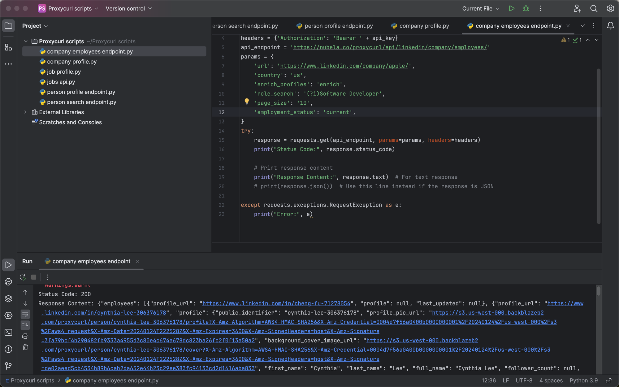 Employee Listing Endpoint result returned via PyCharm