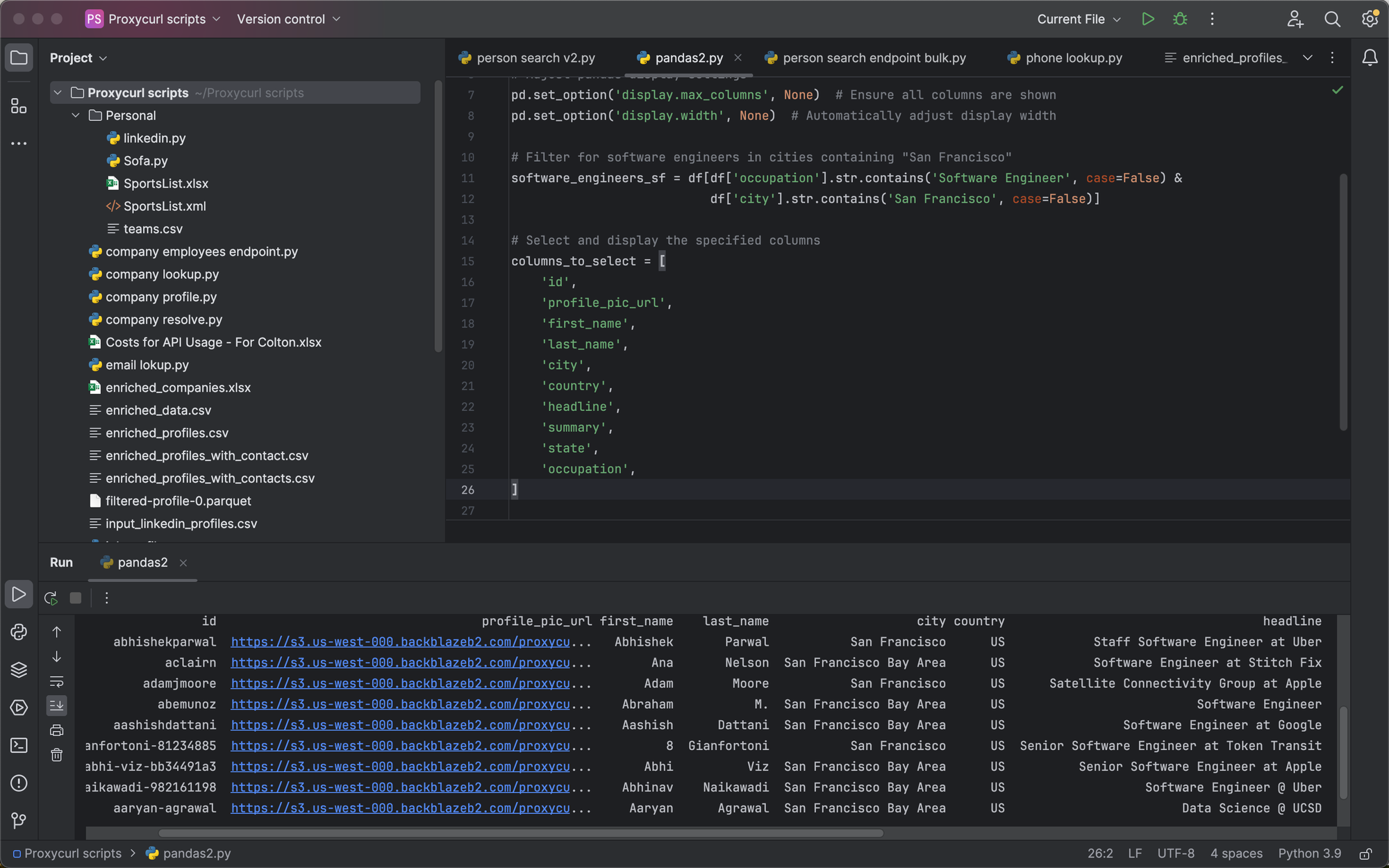 Results returned in PyCharm