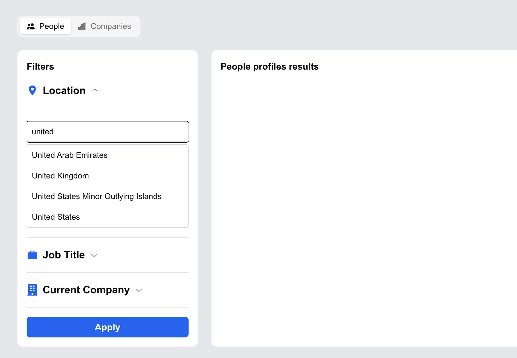 Countries dropdown for the filter of Lusha's sales prospecting clone