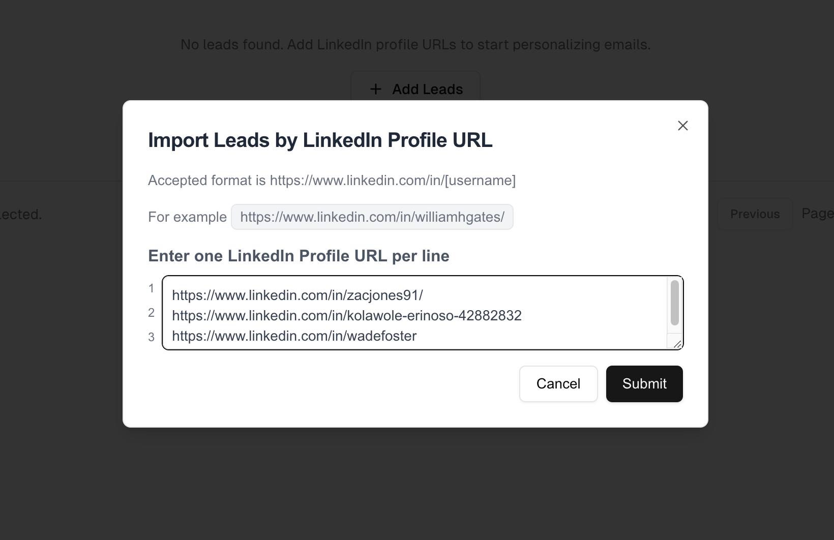 Image showing a pop-up in the app for import leads through LinkedIn Profile URL