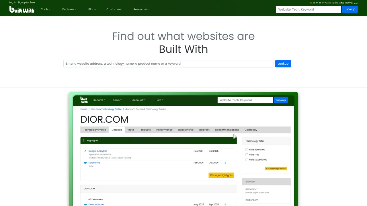 BuiltWith homepage and search experience