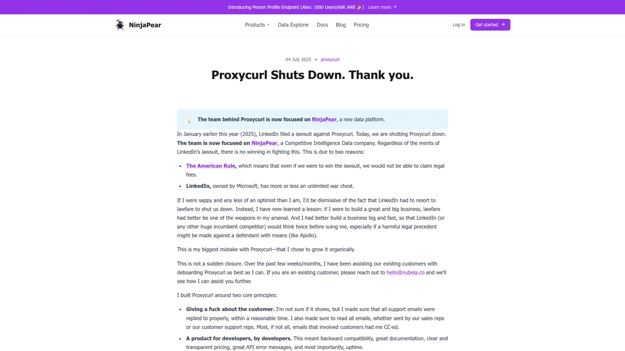 Proxycurl shutdown post, showing the 2025 legal turning point for reverse email lookup buyers