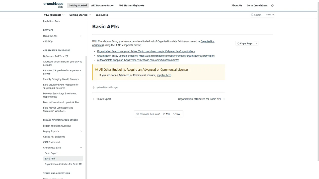 Crunchbase Basic API page showing the 3-endpoint limit