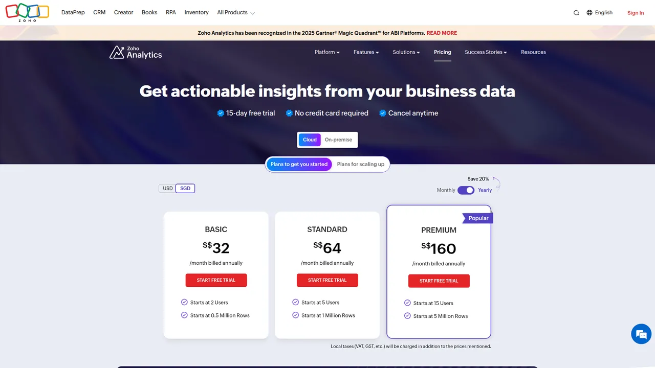 Zoho Analytics pricing page