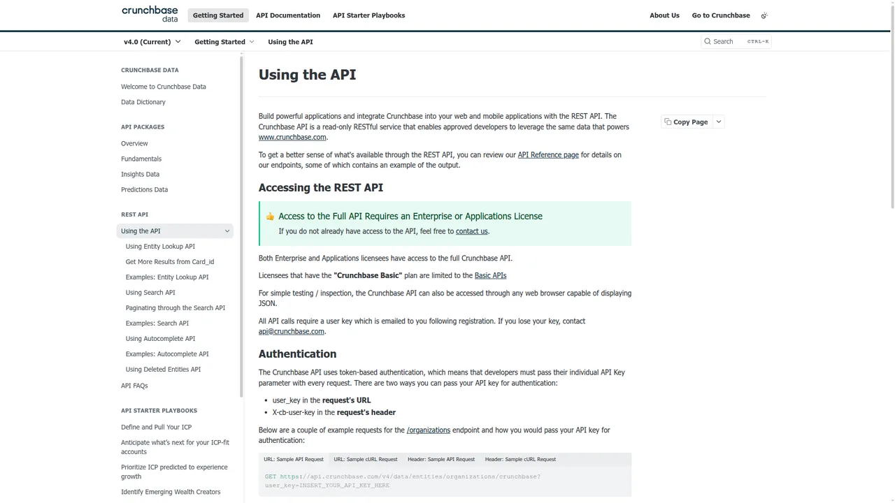 Crunchbase docs showing full API license requirement and 200 calls/min rate limit