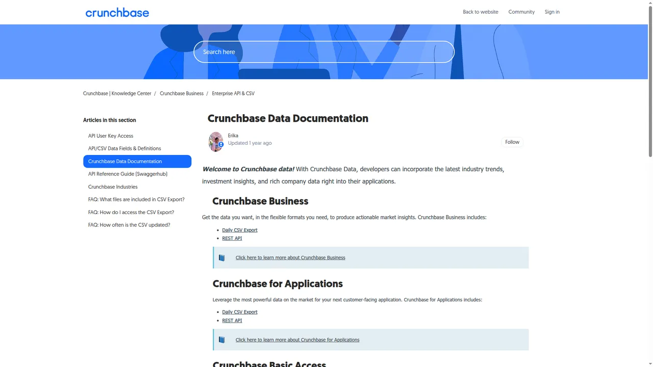 Crunchbase support doc showing Basic key provisioning and API positioning