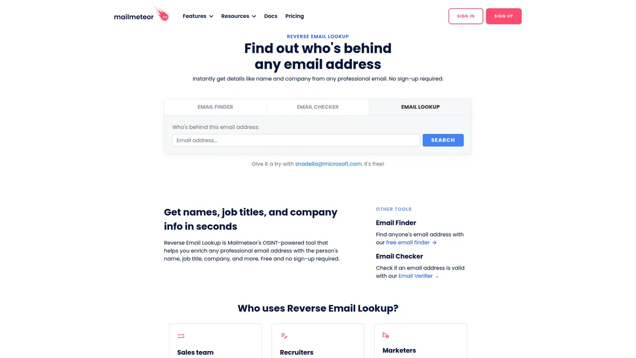 Mailmeteor reverse email lookup landing page