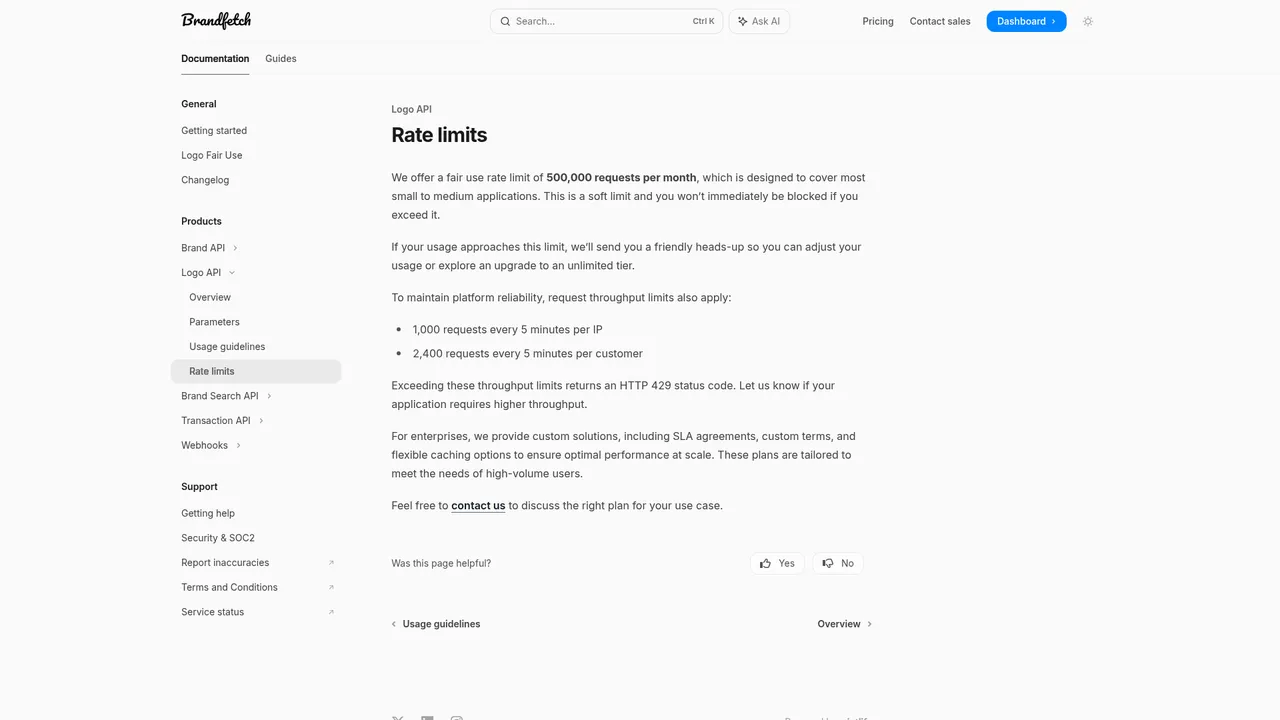 Brandfetch rate limit docs screenshot