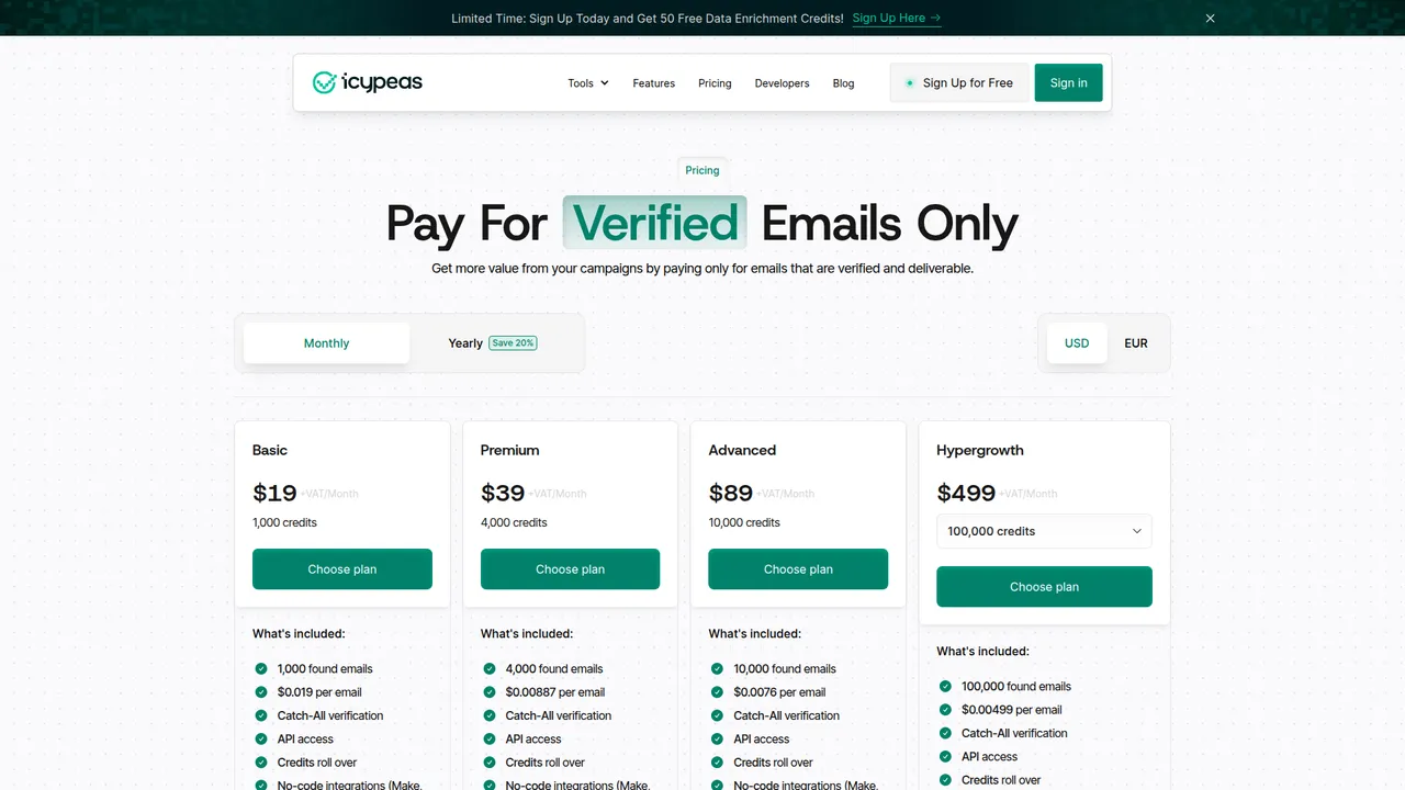 Icypeas pricing page