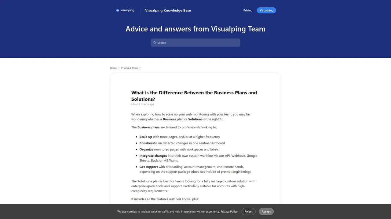Visualping help doc showing Business-plan workflow features