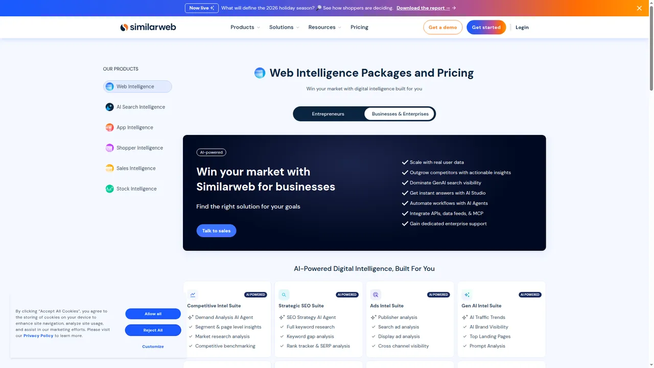 Similarweb pricing/packages page, captured during research