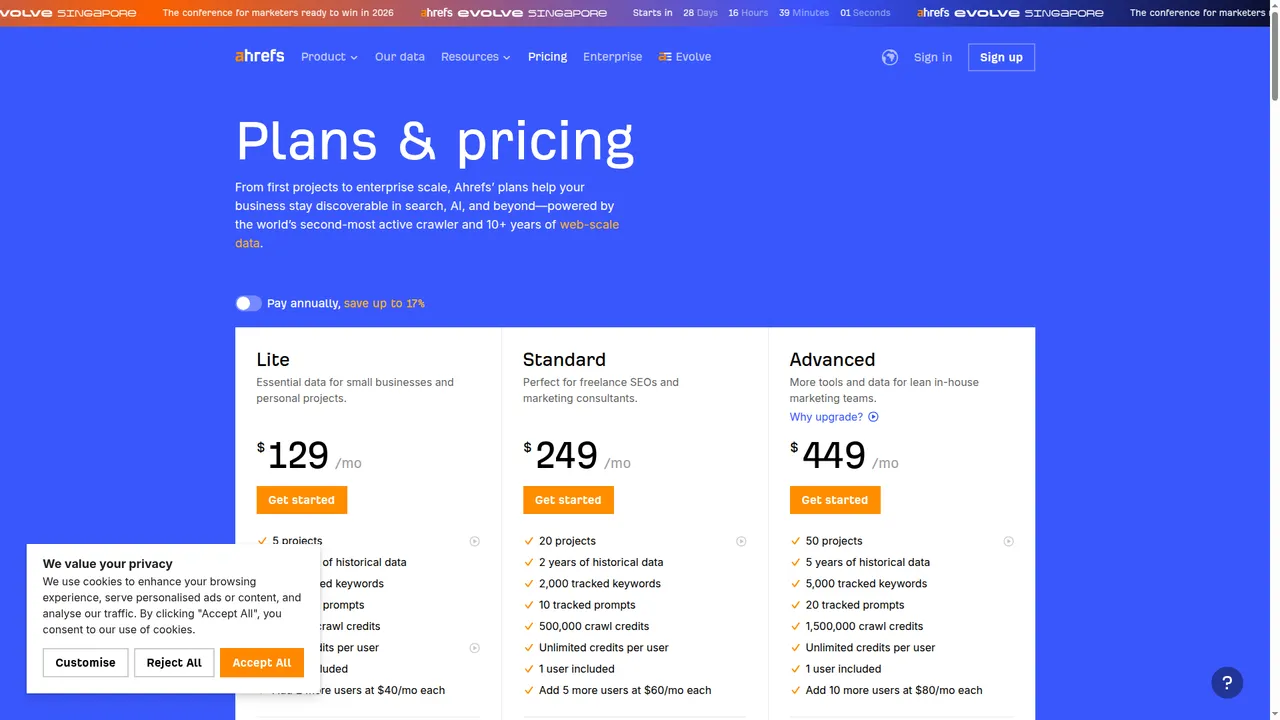Ahrefs pricing, captured during research