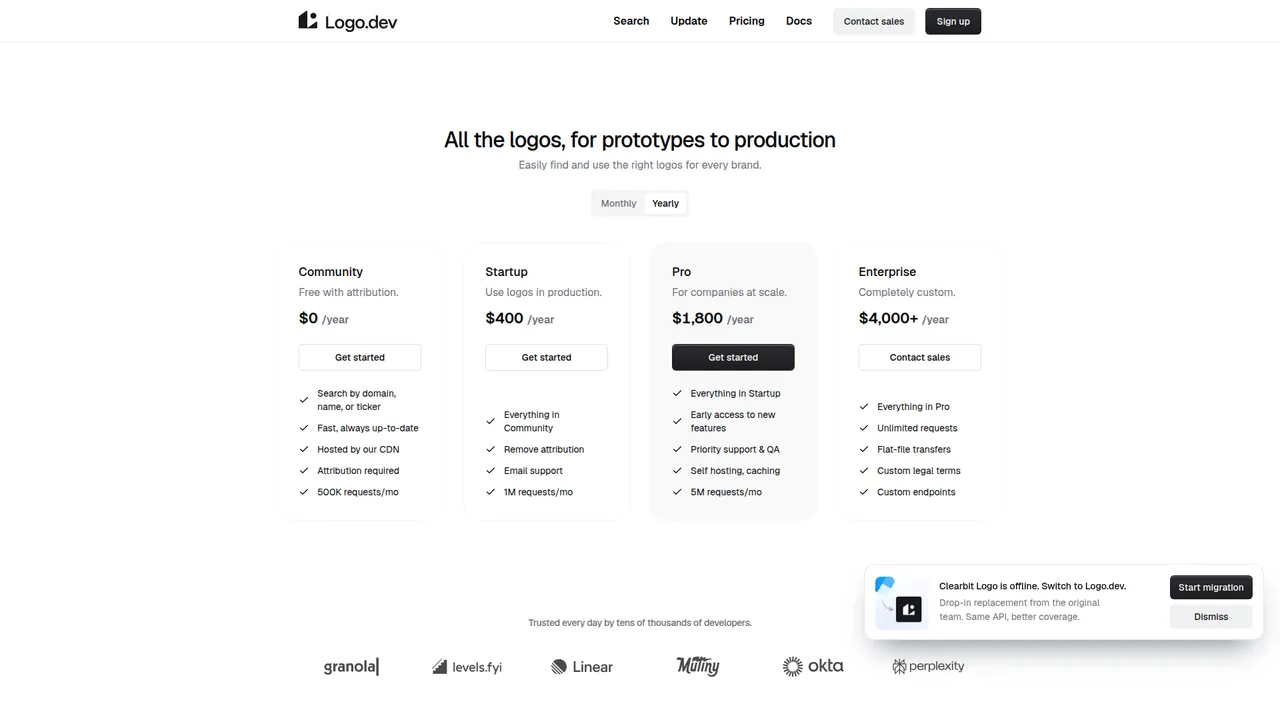 Logo.dev pricing screenshot