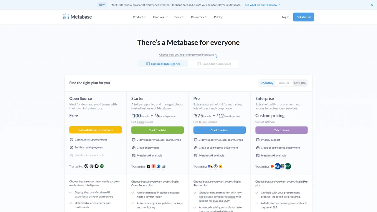 Metabase pricing page