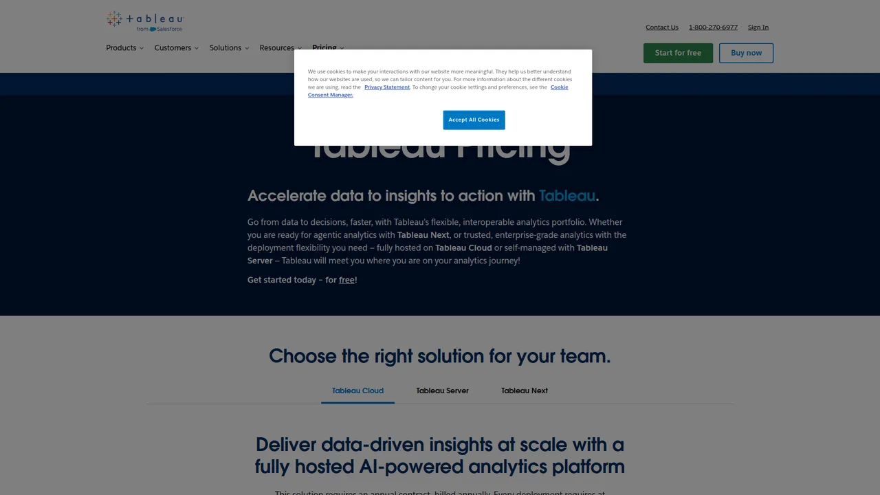 Tableau pricing page, role details