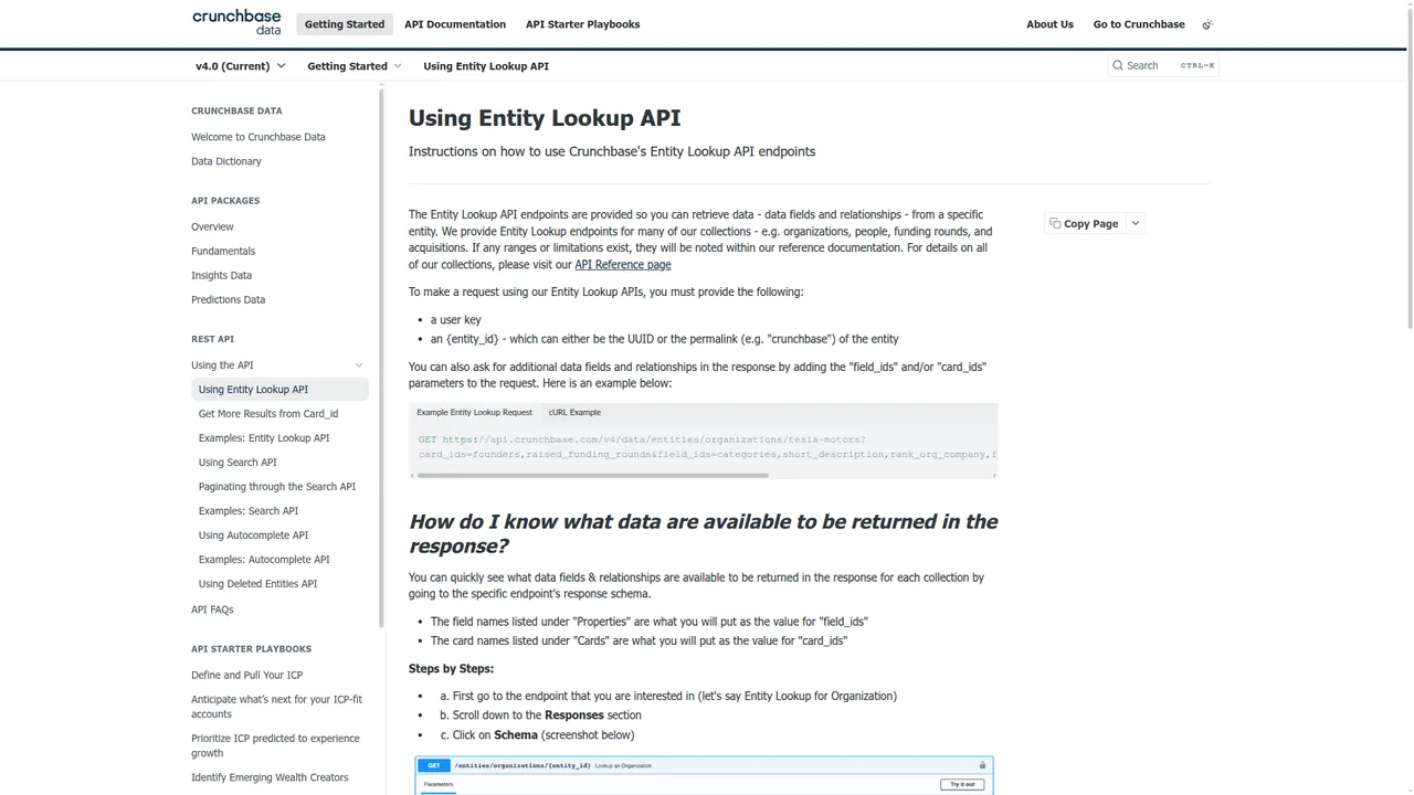 Crunchbase documentation page for the Entity Lookup API example request
