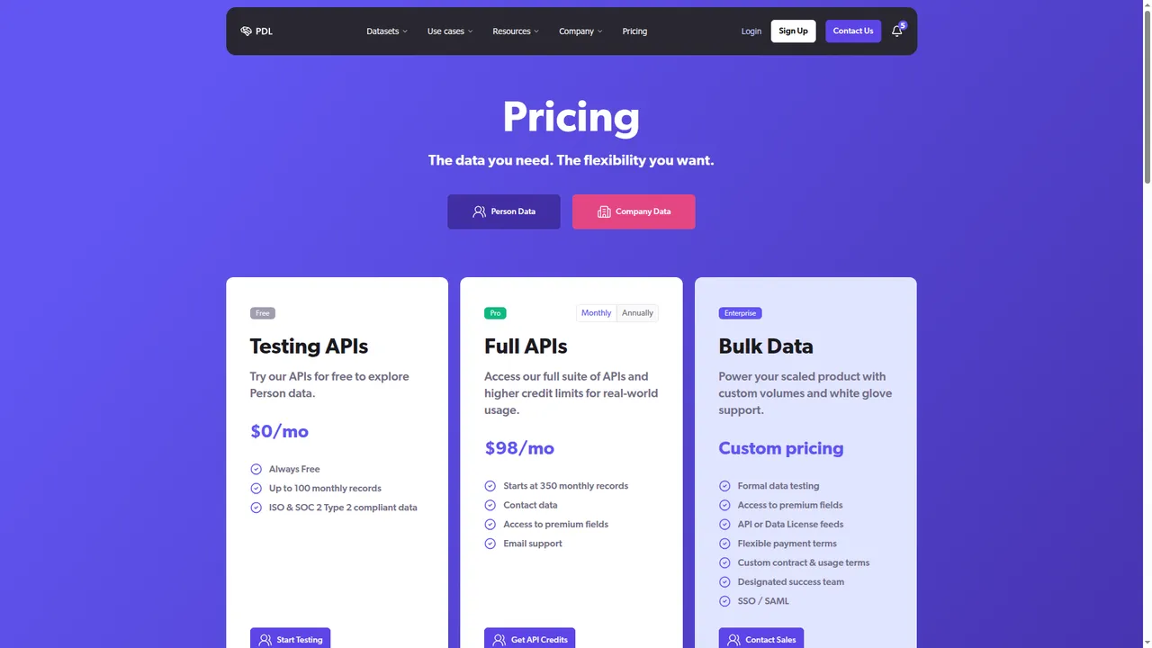 People Data Labs pricing page screenshot