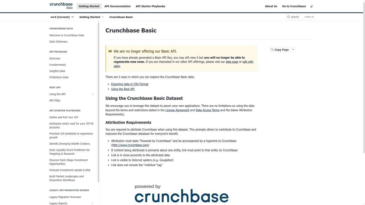 Crunchbase Basic docs showing that the Basic API is no longer offered